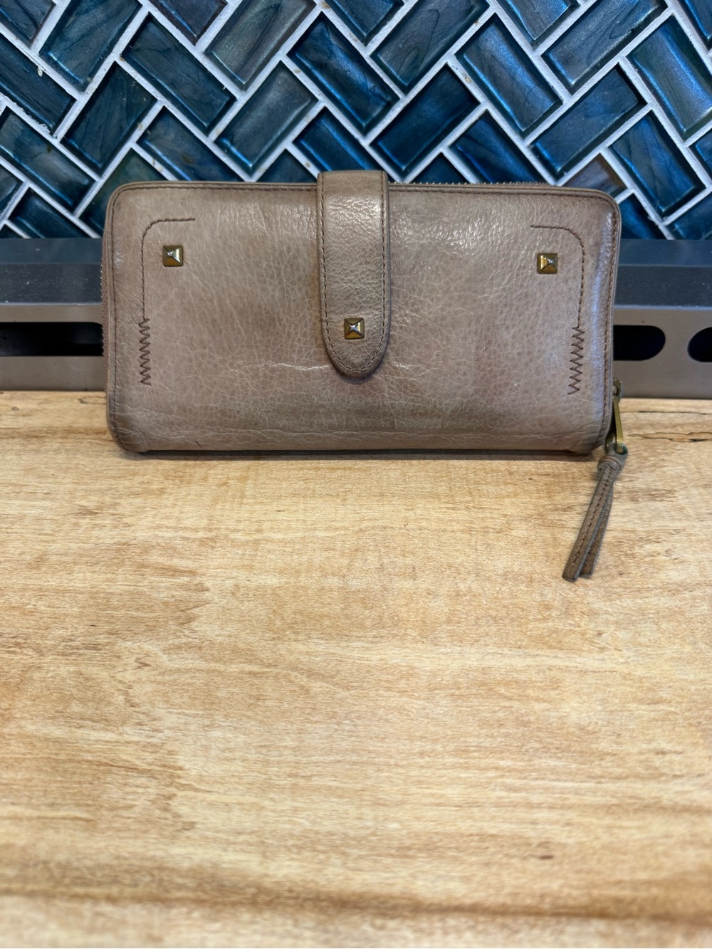 Liebeskind Taupe Leather Zip-Around Wallet with Studs